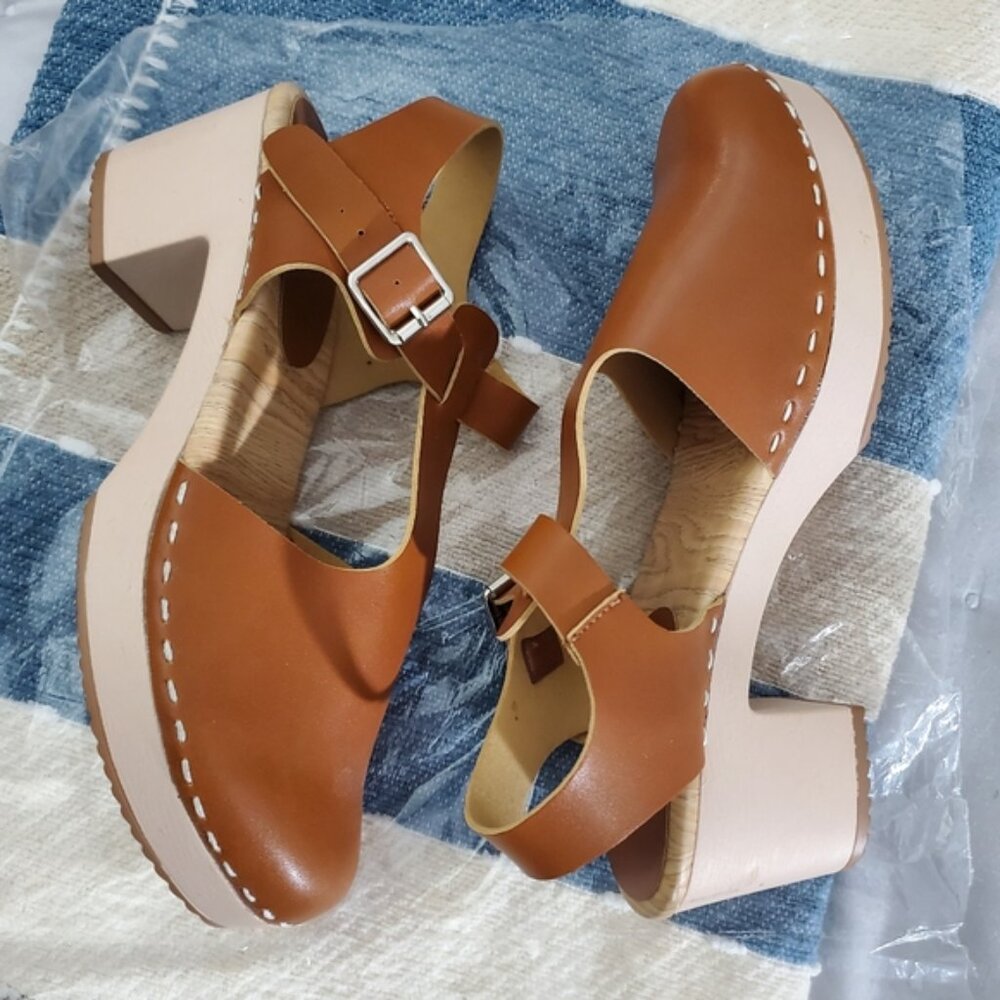 New Swedish Inspired Clogs Block Heel In Camel - Picture 8 of 9